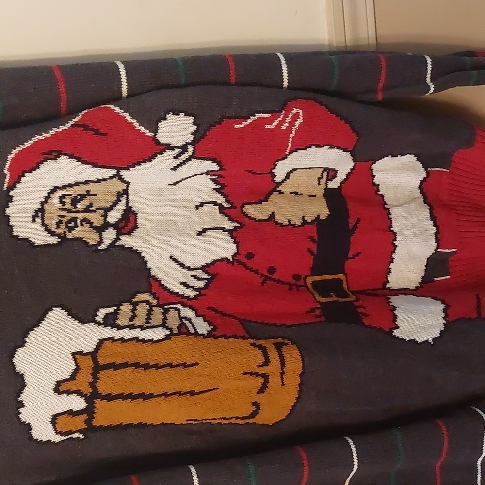 Ugly Christmas Sweater Dark Gray Red Multi Santa Holding A Tasty Beverage Sz L - Picture 6 of 16